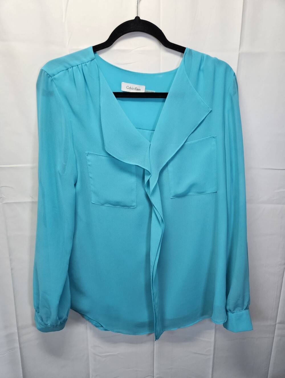 Calvin Klein Women's Bright Aqua Long-Sleeve Chiffon Blouse NWOT